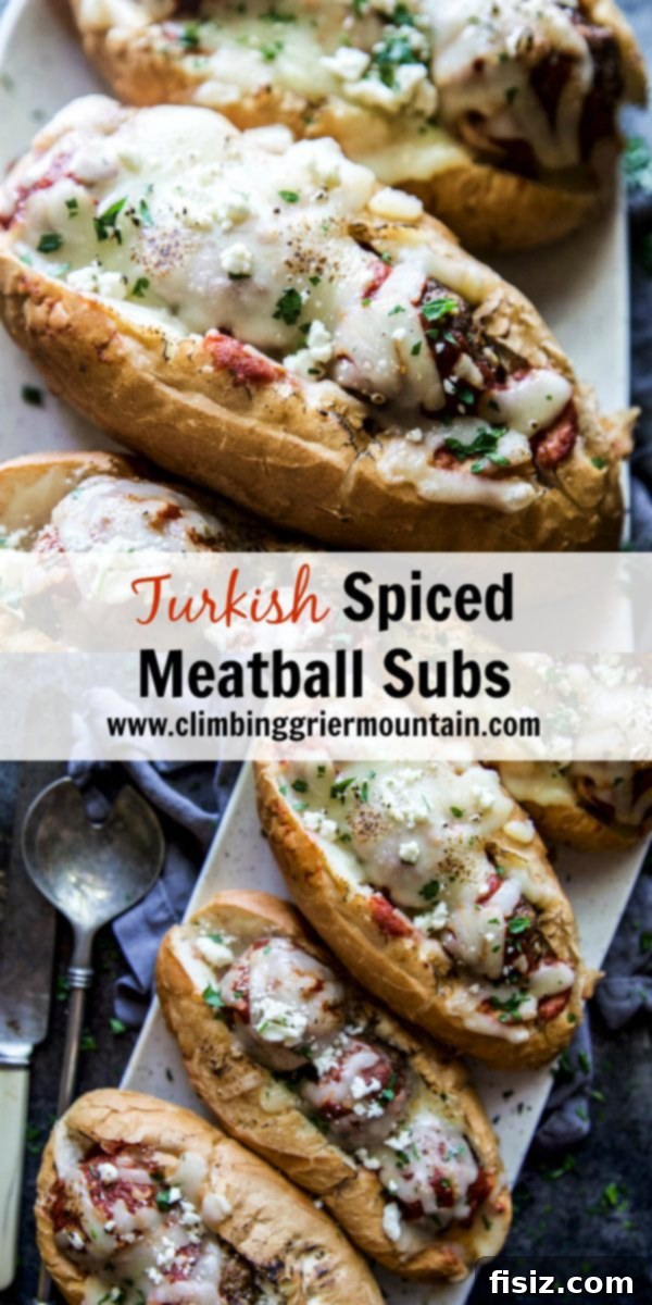 Aromatic Turkish Meatball Subs 8 A Turkish Spiced Meatball Sub, perfectly cut in half, showcasing the juicy meatballs, sauce, and melted cheese