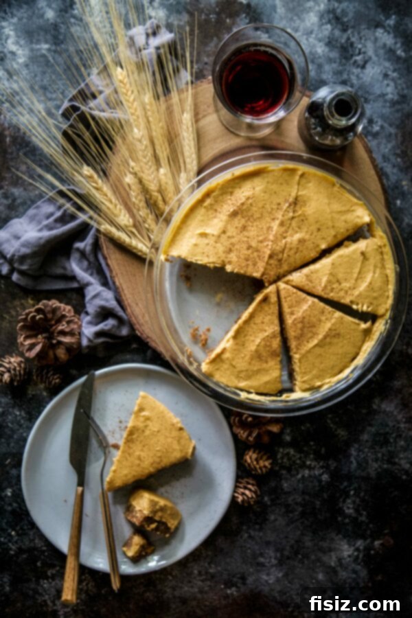 Velvet Pumpkin and White Chocolate Mousse Pie 2 Close-up of a slice of Pumpkin and White Chocolate Mousse Pie with whipped cream and cinnamon dusting
