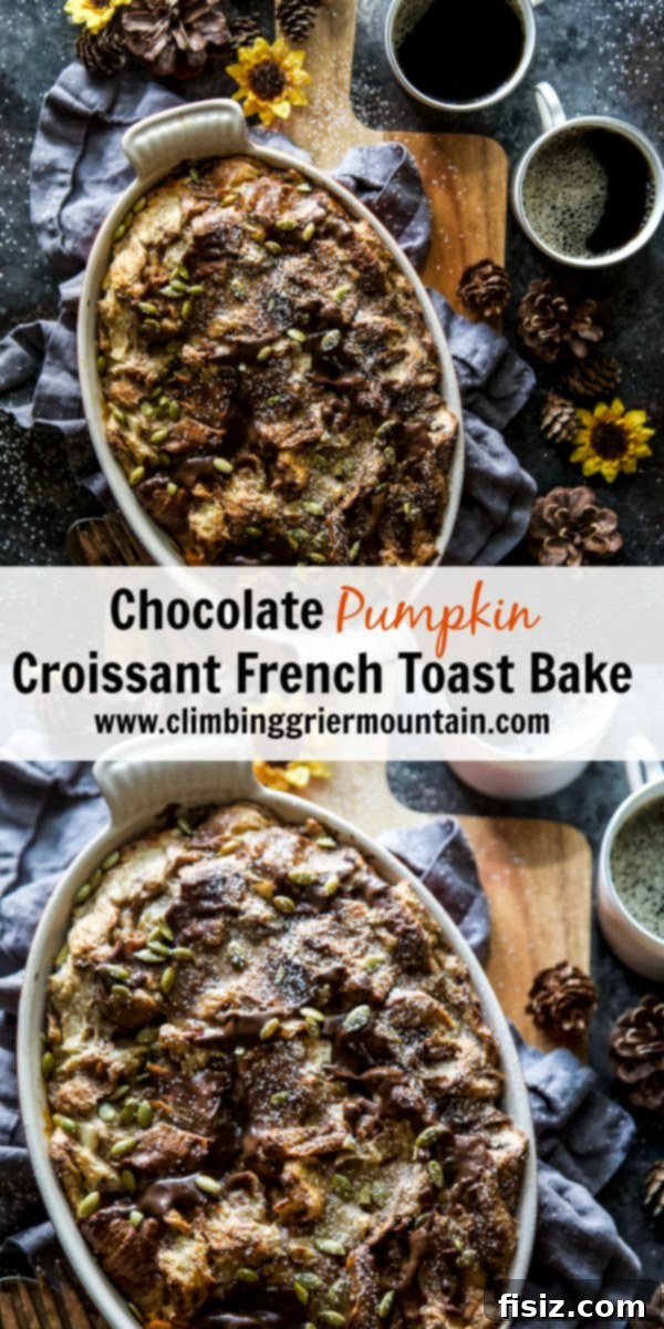 Baked Chocolate Pumpkin Croissant French Toast 8 Chocolate Pumpkin Croissant French Toast Bake garnished with pepitas