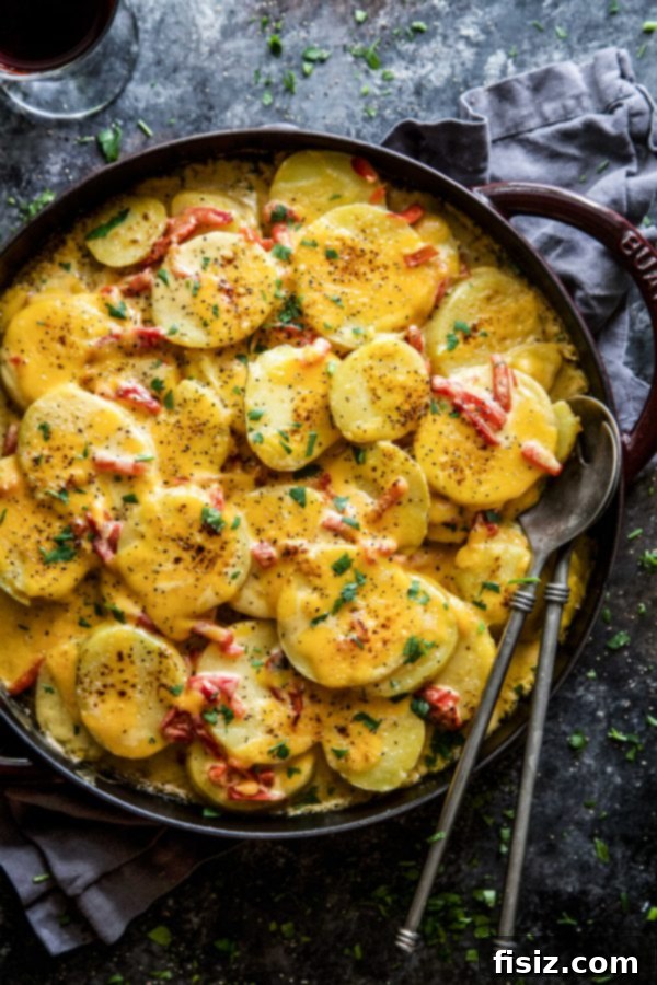 Chipotle Pimento Cheese Au Gratin Potatoes with a serving spoon