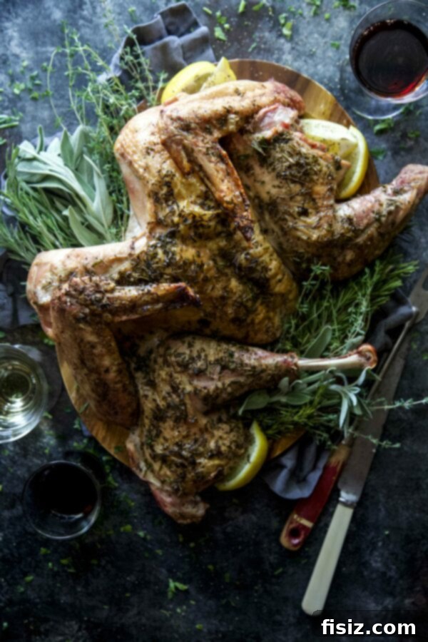 Crispy Herb-Roasted Spatchcock Turkey 2 Perfectly roasted Spatchcock Herbed Turkey, golden brown and ready for Thanksgiving