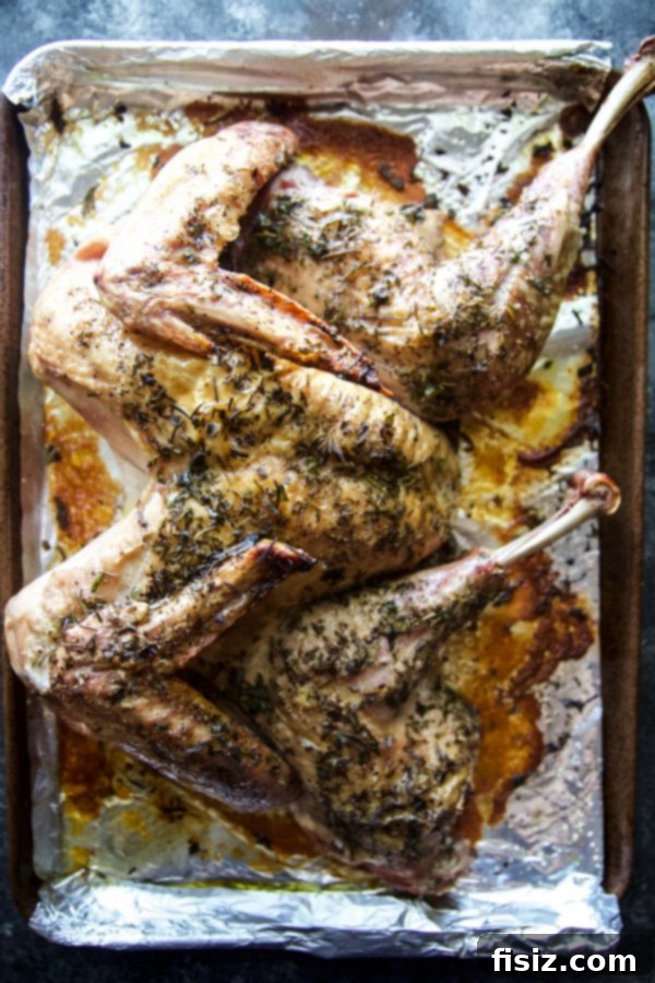 Crispy Herb-Roasted Spatchcock Turkey 5 Hand applying aromatic herb butter generously over a flattened Spatchcock Herbed Turkey
