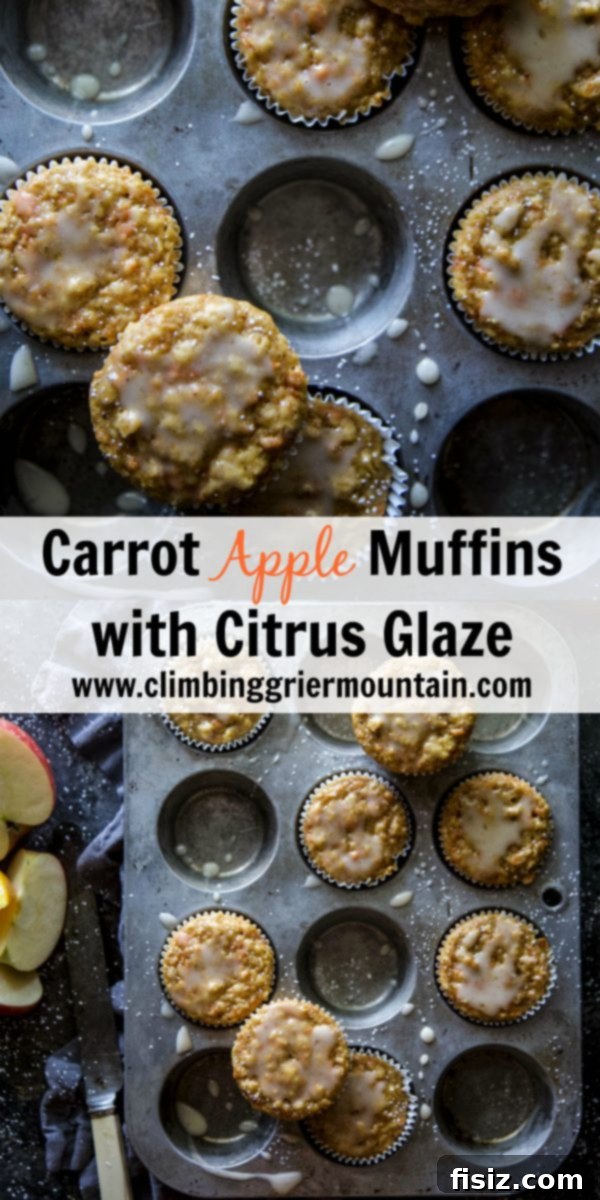 Bright Carrot Apple Muffins with Zesty Citrus Glaze 6 A close-up of a Carrot Apple Muffin on a rustic wooden surface, highlighting the details of the glaze and texture