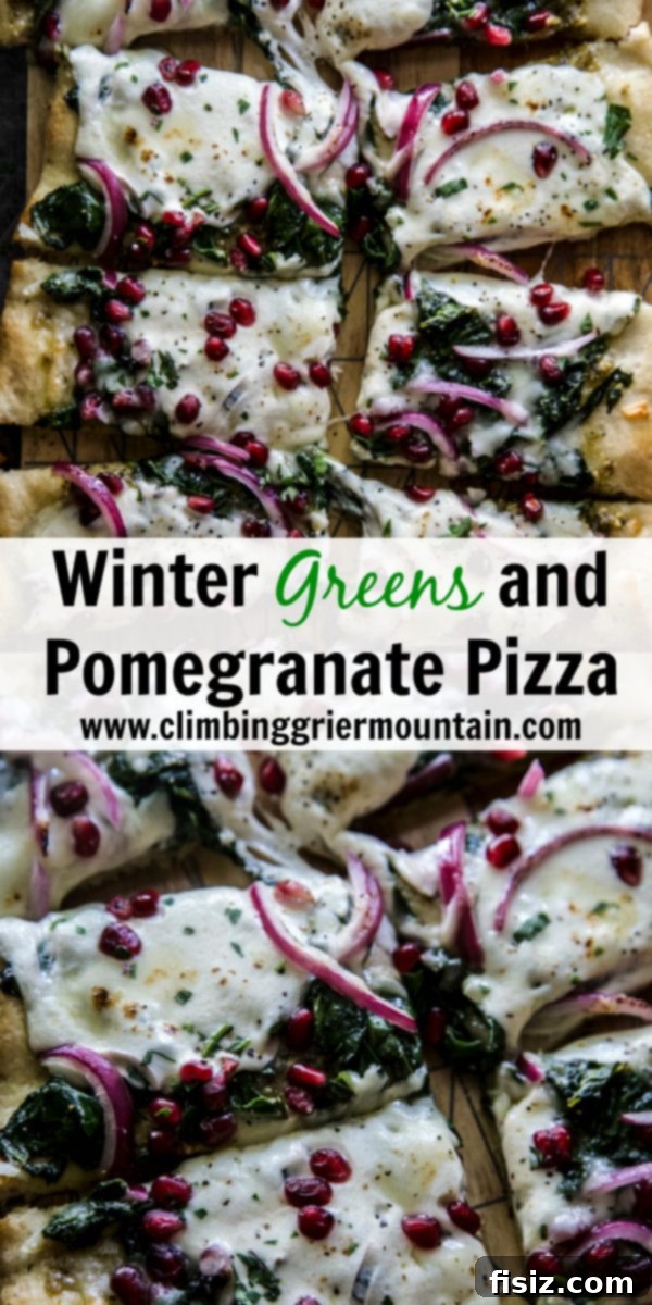 Vibrant Winter Greens and Pomegranate Pizza 7 Full view of the delicious Winter Greens and Pomegranate Pizza, sliced and ready to serve