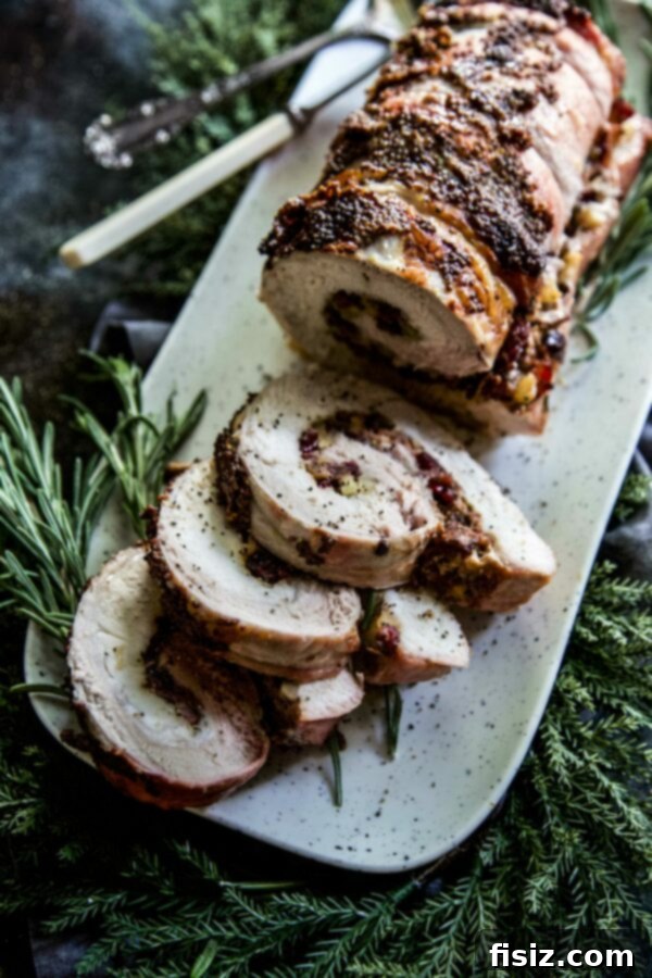 Bacon Cranberry Stuffed Pork Tenderloin 2 Bacon & Cranberry Stuffed Pork Tenderloin, glistening and ready for carving