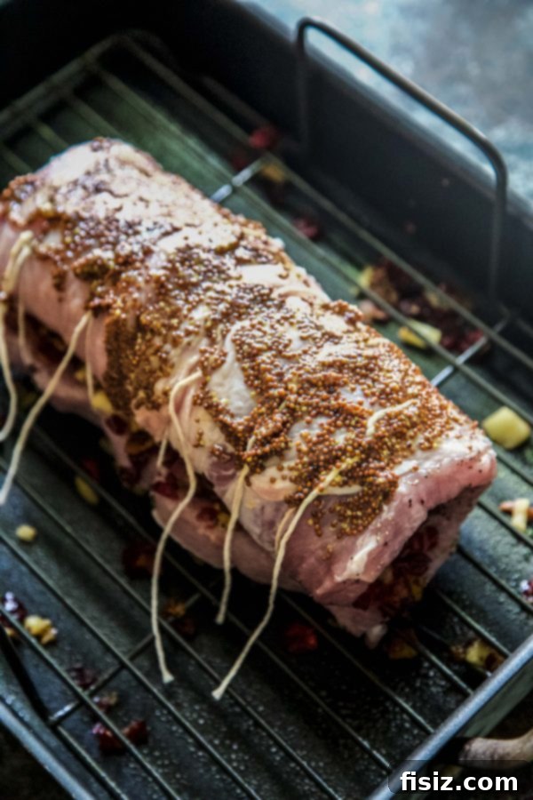 Bacon Cranberry Stuffed Pork Tenderloin 5 Rolled pork tenderloin, securely tied with kitchen twine before roasting
