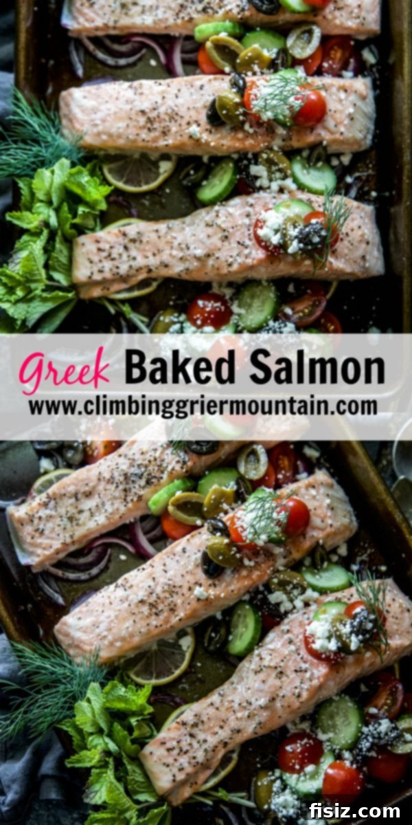 Beautifully plated Greek Baked Salmon with a side dish of grains and vegetables