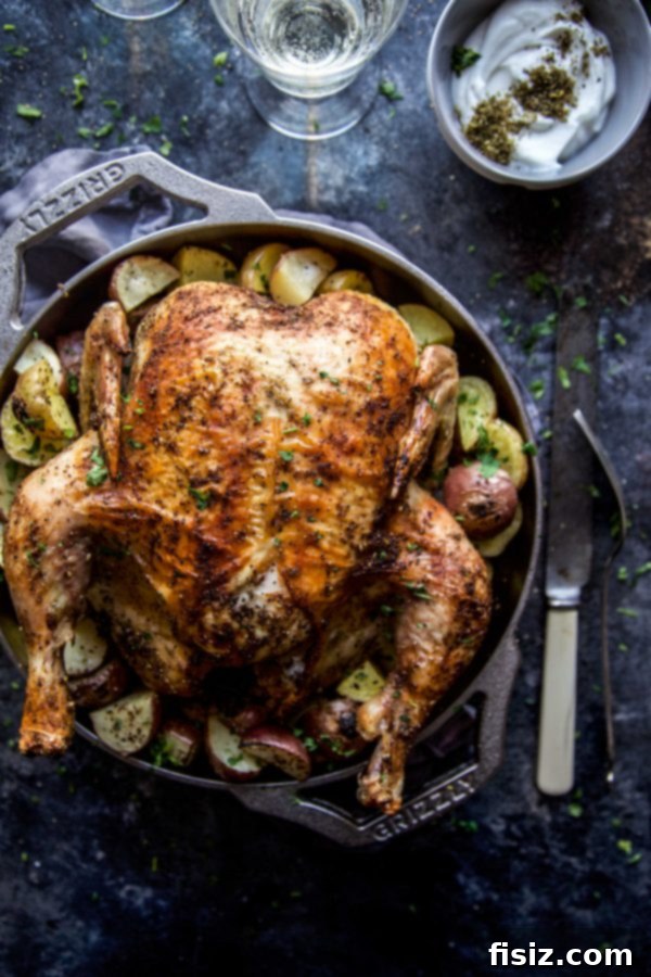 Mediterranean Za'atar Chicken and Potatoes with Spiced Labneh 6 Golden-brown Za'atar Roasted Chicken and Potatoes sizzling in a cast iron skillet, fresh from the oven
