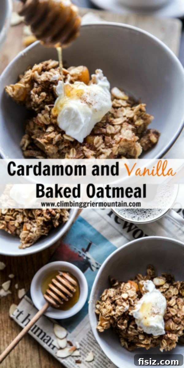 Fragrant Cardamom Vanilla Baked Oats 8 Beautifully presented Cardamom and Vanilla Baked Oatmeal, ready to be served in a rustic setting