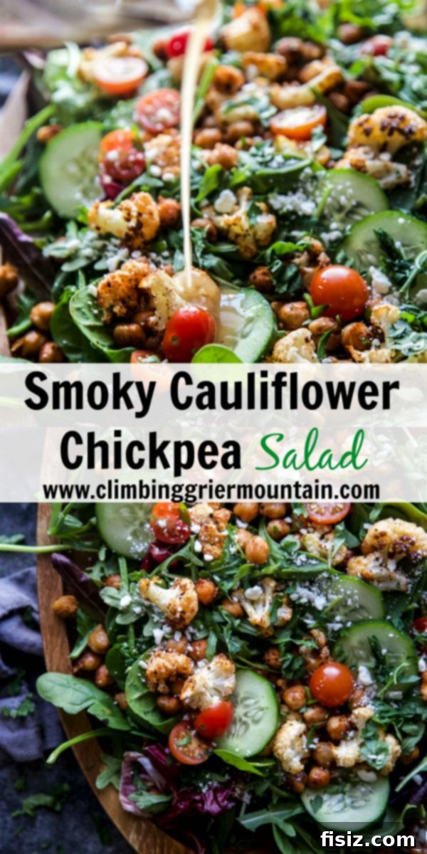 A final, appealing shot of the Smoky Cauliflower Chickpea Salad in a serving bowl, showcasing its colorful ingredients and inviting presentation.