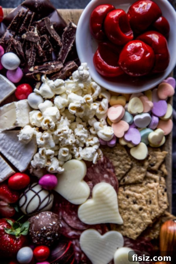 Valentine's Charcuterie Board 4 Close-up of a vibrant Valentine's Day Charcuterie Board showcasing a variety of pink, red, and white ingredients.