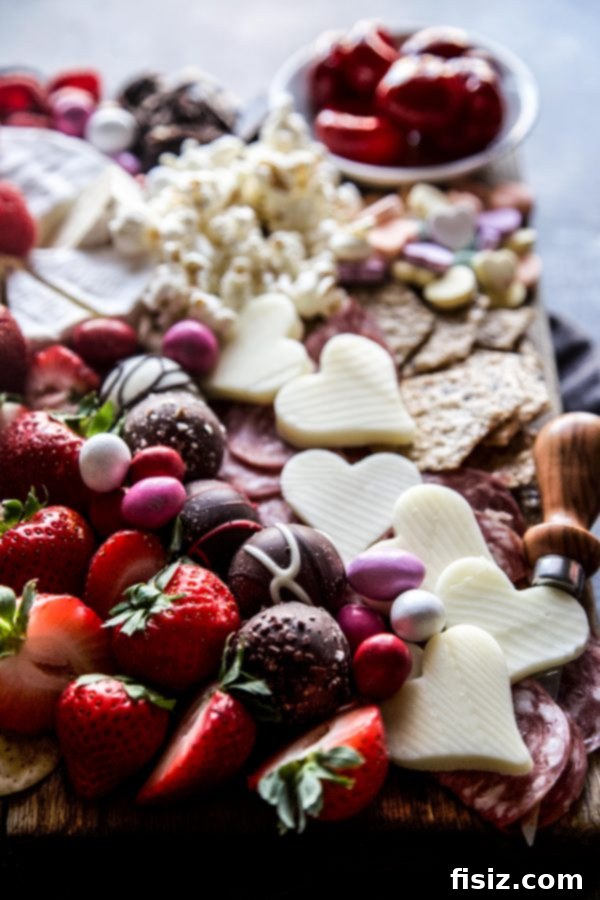 Valentine's Charcuterie Board 5 Overhead shot of a beautifully spread Valentine's Day Charcuterie Board, ready to be served.
