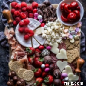 Valentine's Charcuterie Board 6 A close-up of a Valentine's Day Charcuterie Board with a focus on heart-shaped chocolates and vibrant berries.