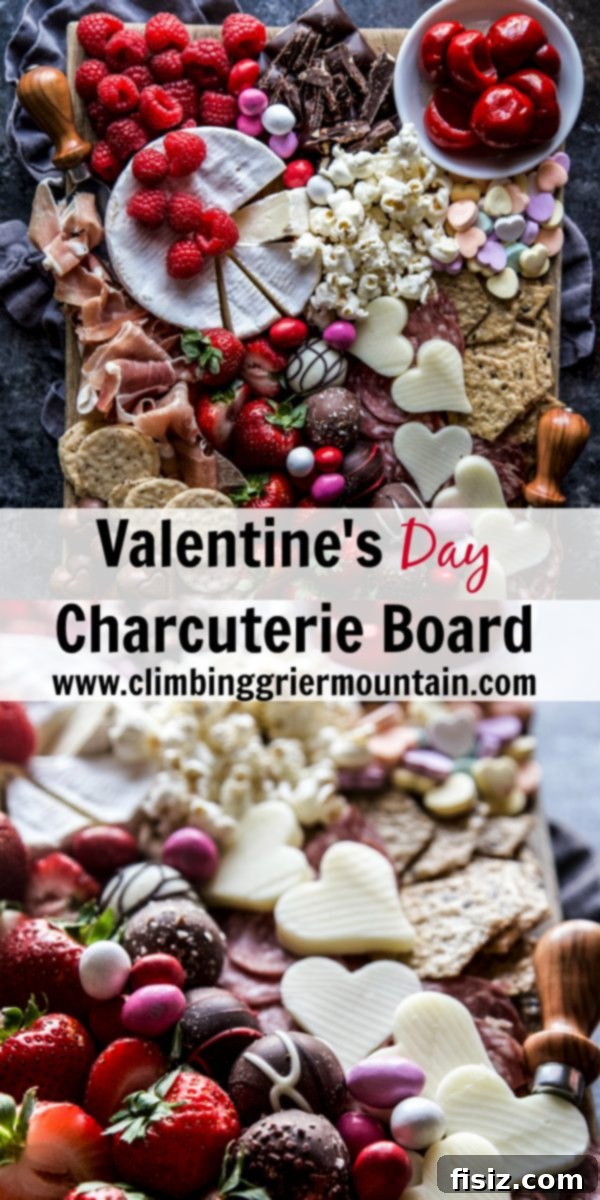 Valentine's Charcuterie Board 7 A person reaching for a piece of cheese from a Valentine's Day Charcuterie Board, highlighting the interactive nature of the snack.