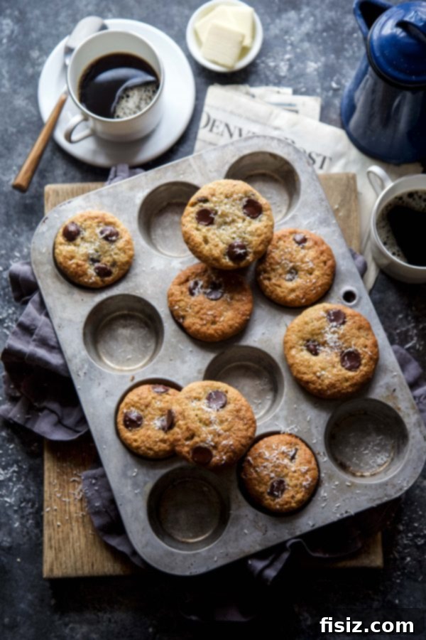 Tropical Chocolate Coconut Banana Bread Muffins 2 Delicious Chocolate Coconut Banana Bread Muffins, a perfect treat for breakfast or dessert.