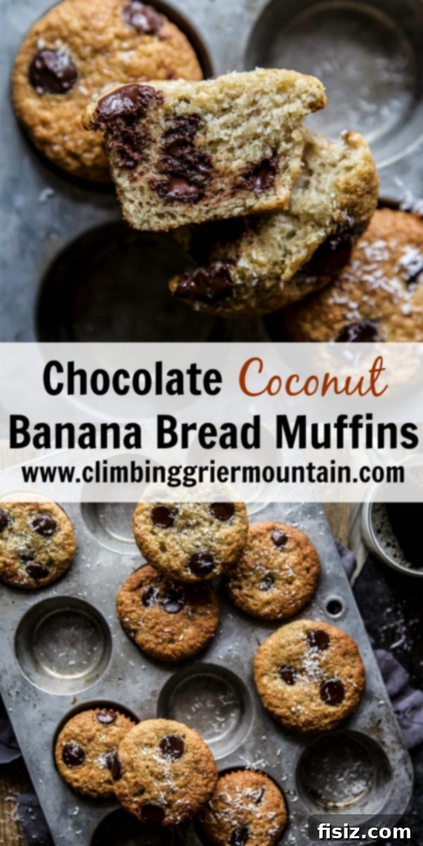 Tropical Chocolate Coconut Banana Bread Muffins 7 A stack of freshly baked Chocolate Coconut Banana Bread Muffins, ready to be enjoyed.