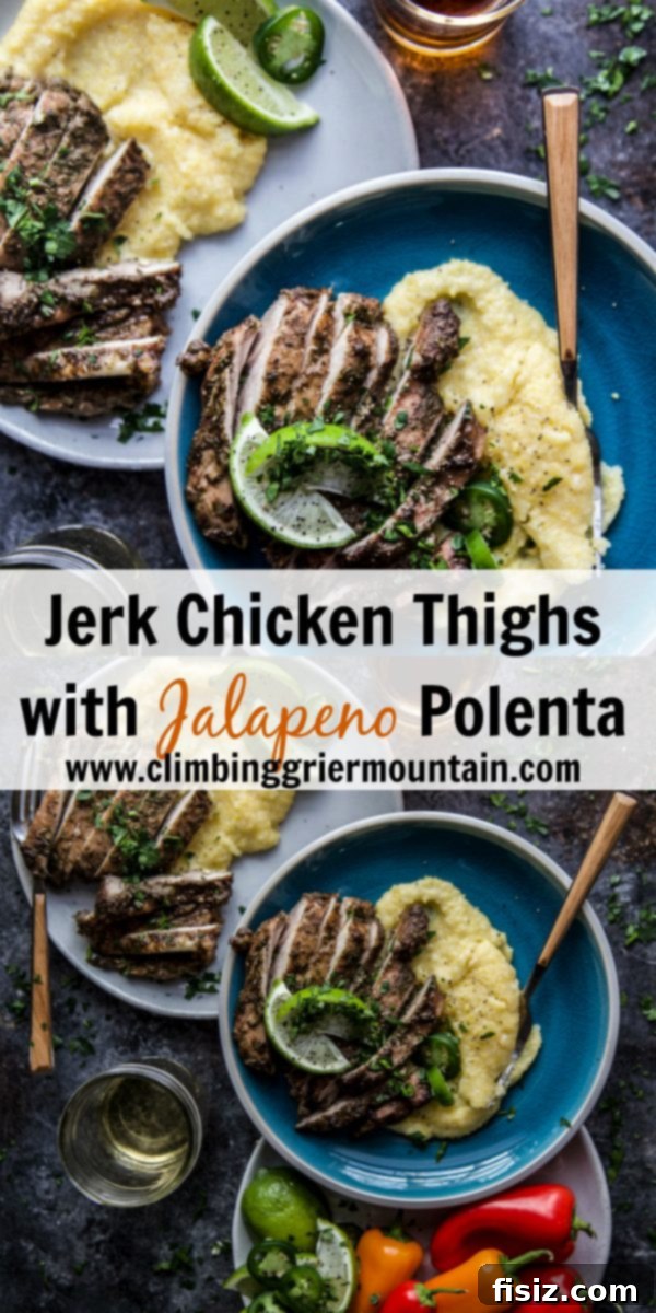 Close-up of a serving of Jerk Chicken Thighs and Jalapeno Polenta