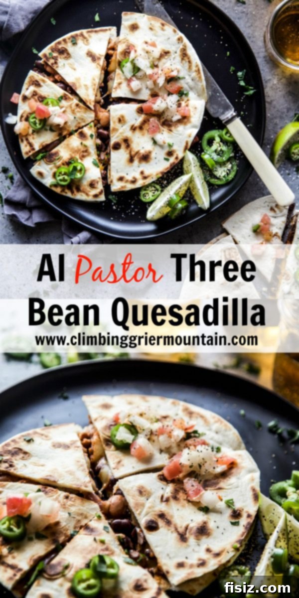Irresistible Al Pastor Three Bean Quesadillas 8 Close-up of a cut Al Pastor Three Bean Quesadilla, revealing the rich bean and melted cheese filling