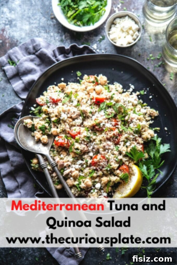 Sun-Drenched Tuna Quinoa Medley 8 Overhead shot of Mediterranean Tuna and Quinoa Salad in a serving bowl
