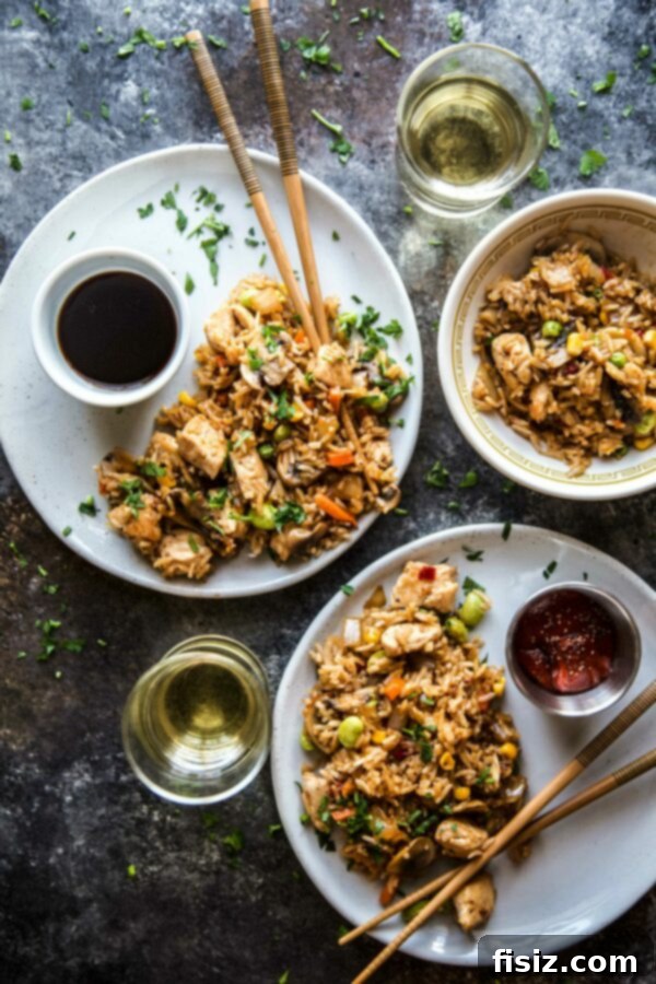 Effortless Homemade Chicken Fried Rice 2 Easy Chicken Fried Rice cooked in a wok, garnished with fresh green onions and cilantro.
