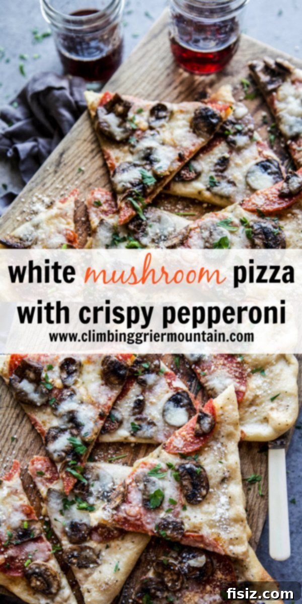Golden-Crisp Pepperoni and Creamy White Mushroom Pizza 7 A large, beautifully baked White Mushroom Pizza with Crispy Pepperoni on a wooden serving board, ready to be sliced.