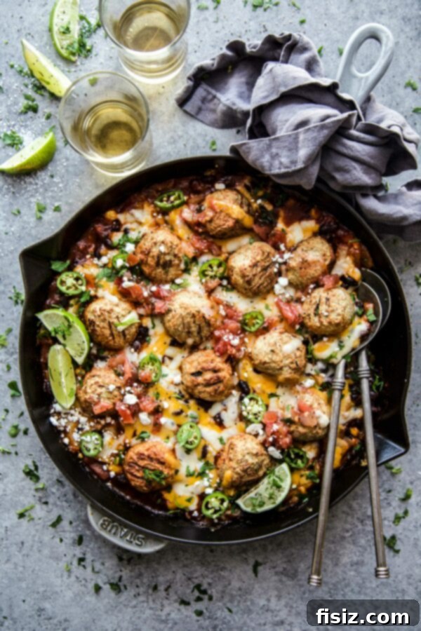 Turkey Meatball Enchilada Skillet 2 Close-up of Enchilada Turkey Meatball Skillet with melted cheese