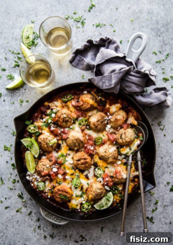 Turkey Meatball Enchilada Skillet 6 Top view of Enchilada Turkey Meatball Skillet with melted cheese