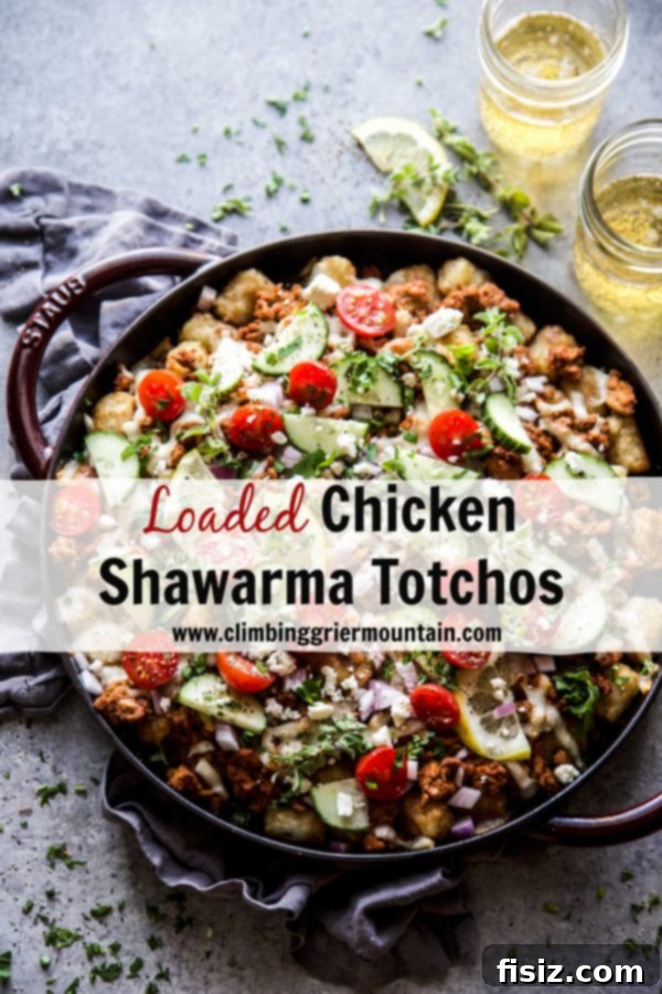 Shawarma Totcho Fiesta 8 Close-up of fully garnished Loaded Chicken Shawarma Totchos with fresh herbs.