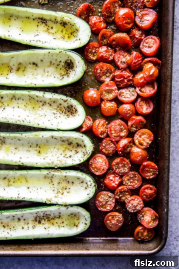 Zucchini Boats with Tuscan Chickpea Filling 4 Fresh zucchini halves ready to be stuffed with the chickpea mixture.