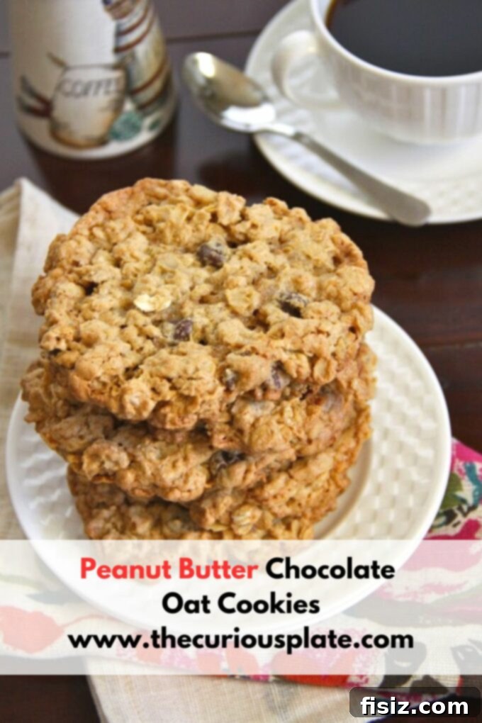 Giant Chewy Peanut Butter Chocolate Oat Cookies 3 Large, delicious Peanut Butter Chocolate Oat Cookies stacked up