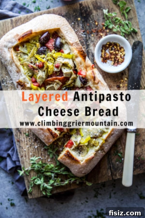 Loaded Antipasto Cheese Bread 8 Overhead shot of Layered Antipasto Cheese Bread sliced and ready to serve
