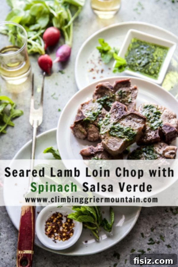 Pan-Seared Lamb Loin with Zesty Spinach Salsa Verde 8 A final beautiful overhead shot of the full dish, Seared Lamb Loin Chop with Spinach Salsa Verde, ready for dining.