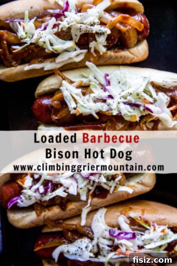 Loaded Barbecue Bison Hot Dogs 8 A beautifully presented Loaded Barbecue Bison Hot Dog on a wooden board
