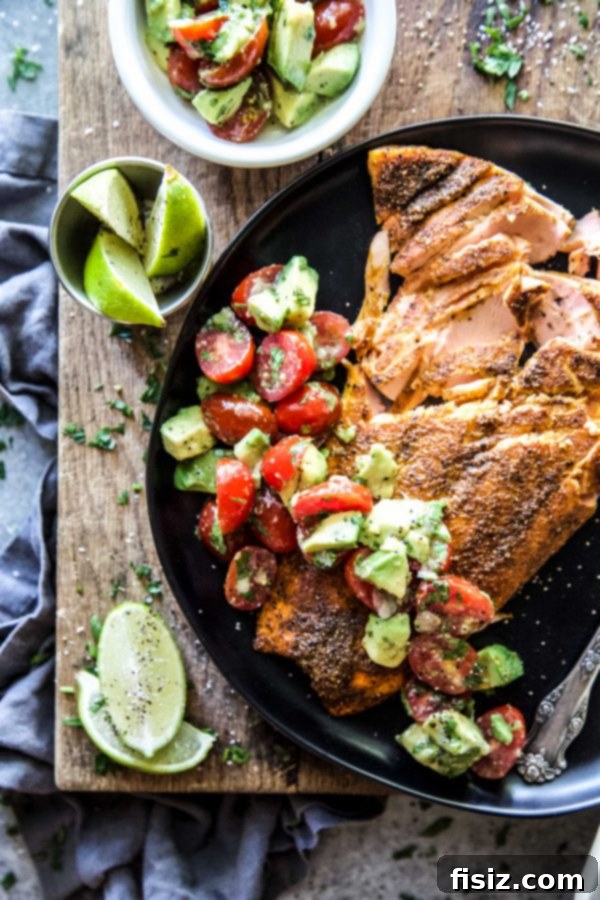 Spiced Mumbai Salmon with Avocado Salsa 6 Plated Mumbai Baked Salmon topped with generous spoonfuls of avocado salsa