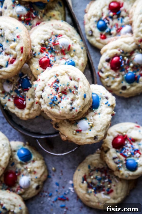 Confetti Chocolate Chip Cookies 3 Close-up of patriotic chocolate chip cookies with red, white, and blue sprinkles