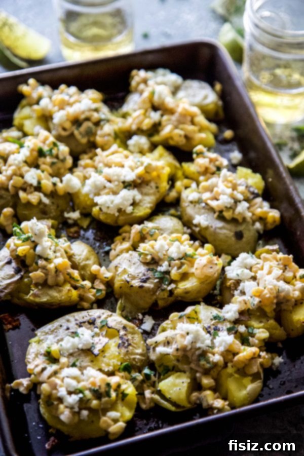 Elote Smashed Potatoes 6 A full plate of Mexican Street Corn Smashed Potatoes ready to be served.