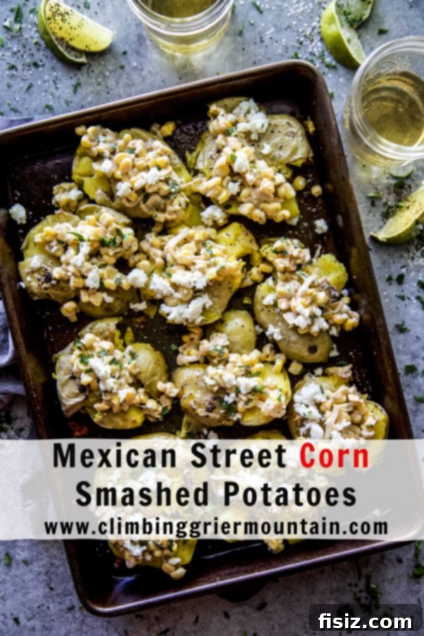 Elote Smashed Potatoes 8 Plated Mexican Street Corn Smashed Potatoes with a vibrant green background.