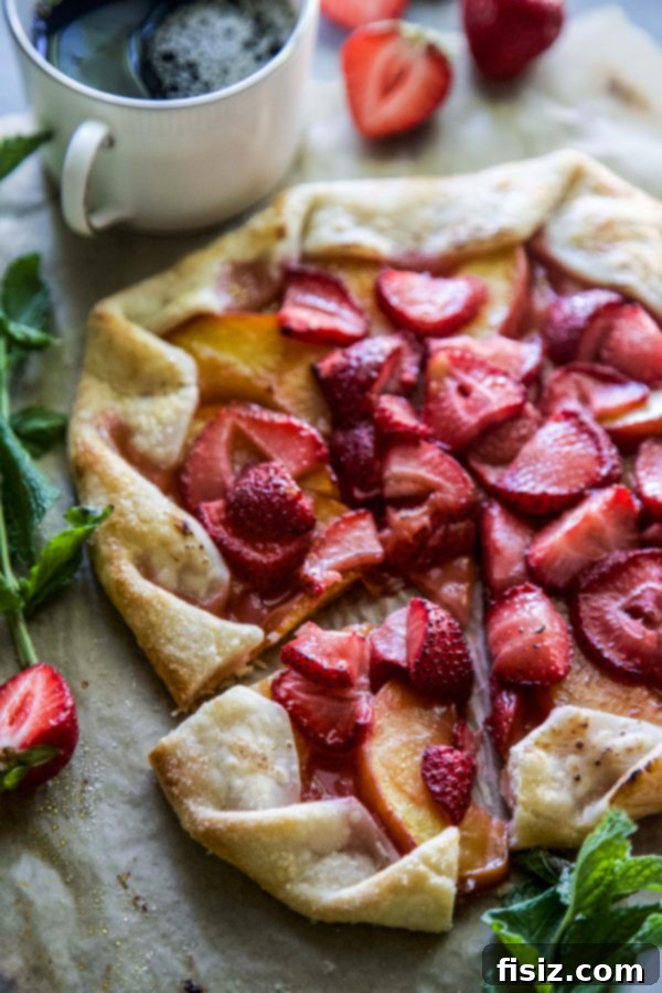 Close-up of a Strawberry-Peach Galette, showcasing the vibrant fruit filling