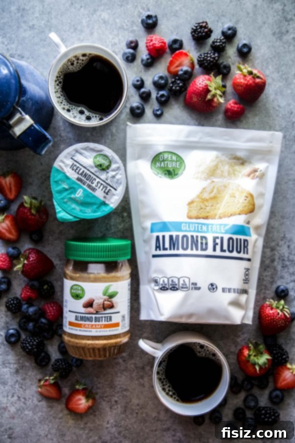 Almond Berry Bliss Stacks 4 Open Nature brand products: Almond Flour, Almond Butter, and Icelandic Yogurt