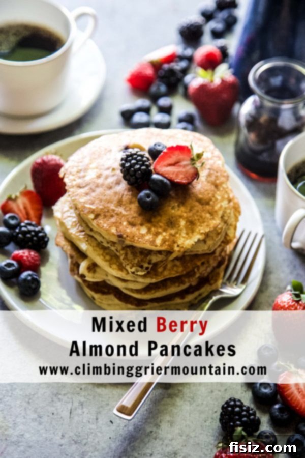 Almond Berry Bliss Stacks 8 Close-up of a single Mixed Berry Almond Pancake with maple syrup