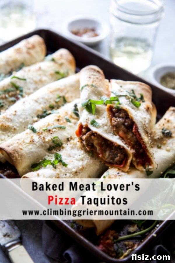Baked Meat Lover Pizza Rolls 8 A final close-up of the Baked Meat Lover's Pizza Taquitos, showcasing the golden crispness and savory filling, with fresh basil garnish.