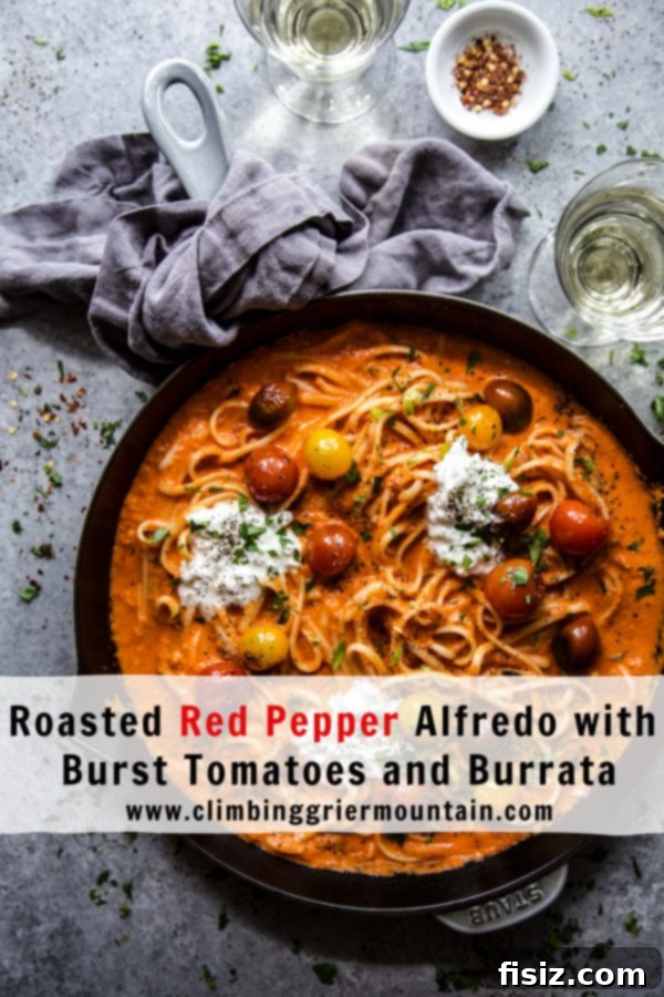 Indulgent Roasted Red Pepper Alfredo with Burst Tomatoes and Creamy Burrata 9 Final plated dish of Roasted Red Pepper Alfredo with a focus on fresh basil and creamy burrata.