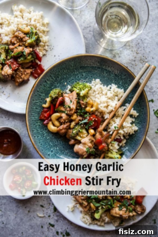 Sticky Honey Garlic Chicken Stir Fry 8 Close-up of a single serving of Honey Garlic Chicken Stir Fry on a plate, garnished with basil.