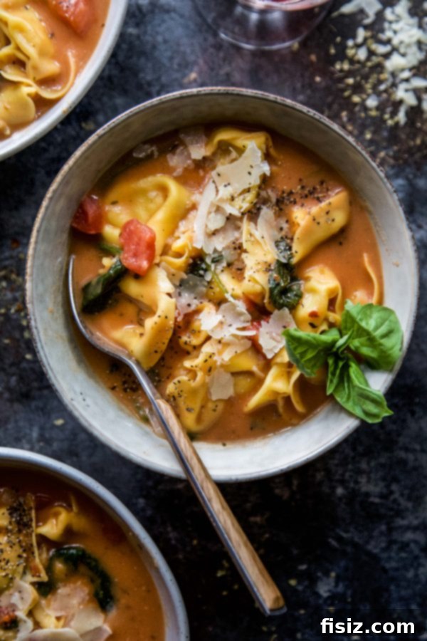 Quick Parmesan Tomato Delight 5 A bowl of Easy Parmesan Tomato Soup garnished with fresh basil leaves