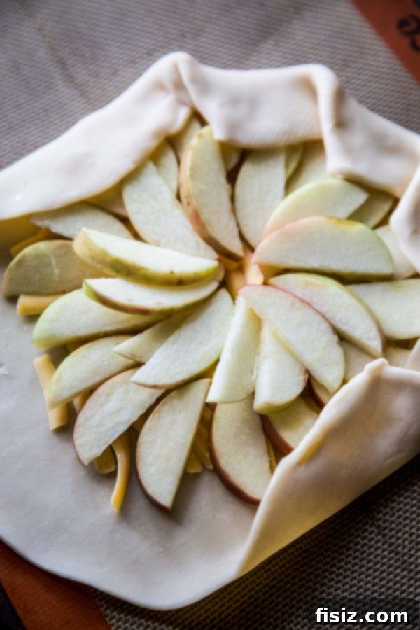 Honeycrisp Tart with Sharp Cheddar and Rosemary Honey 4 Preparing the Honeycrisp Tart, showing apple slices and cheddar cheese on a pie crust.
