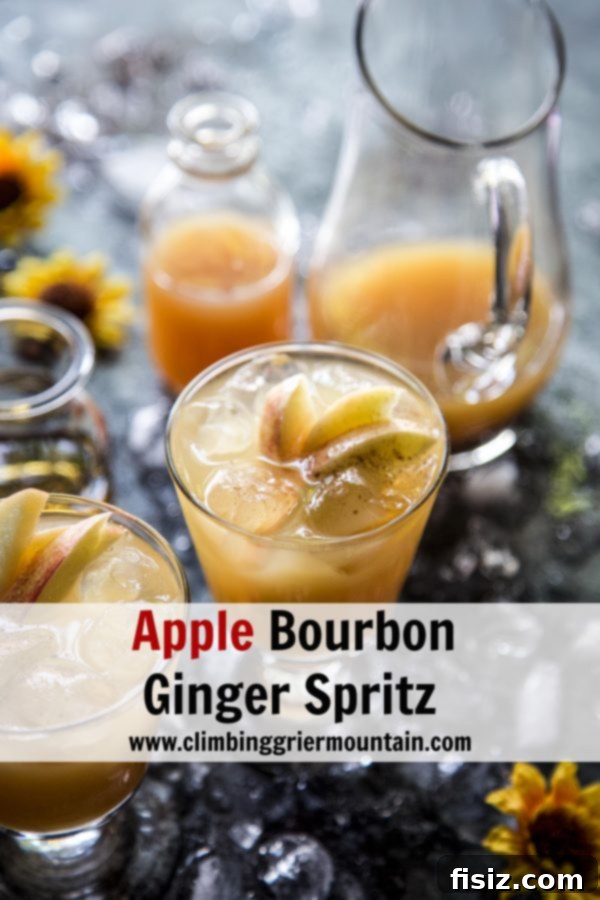 Elegant shot of an Apple Bourbon Ginger Spritz cocktail with a sprig of fresh ginger