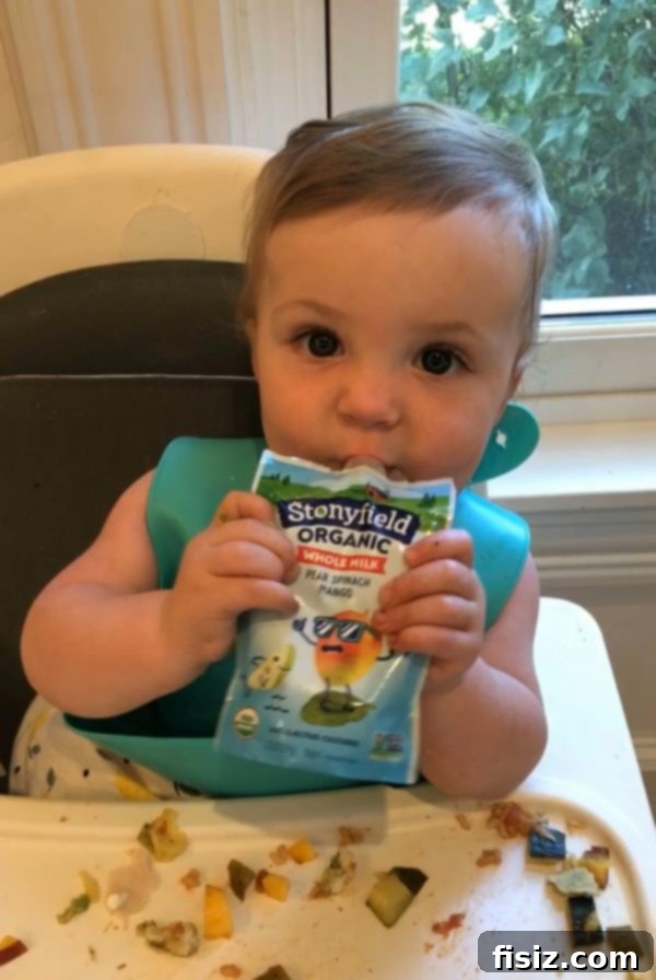 Month Eleven with Charlie 5 Baby Charlie enjoying a food pouch, capturing a moment of a baby feeding herself, possibly during snack time or an outing, highlighting independence.