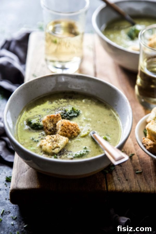 Creamy Smoked Gouda Broccoli Soup with Crispy Garlic Cheese Croutons 3 A close-up of a spoon dipping into a bowl of creamy Smoked Gouda Broccoli Soup, showing the texture and croutons.