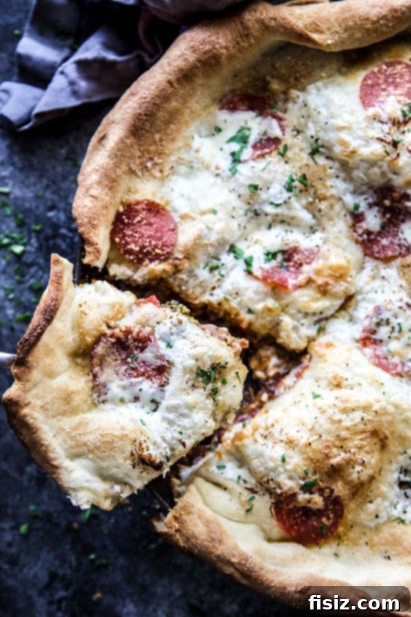 Close-up of the Pepperoni Pizza Pot Pie showing the crispy, bubbly crust