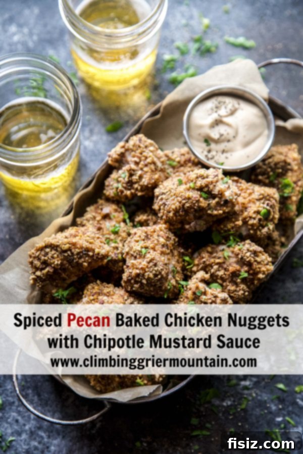 Spiced Pecan Chicken Bites & Chipotle Mustard Dip 9 Another perspective of the finished Spiced Pecan Baked Chicken Nuggets and dipping sauce, ready for consumption.
